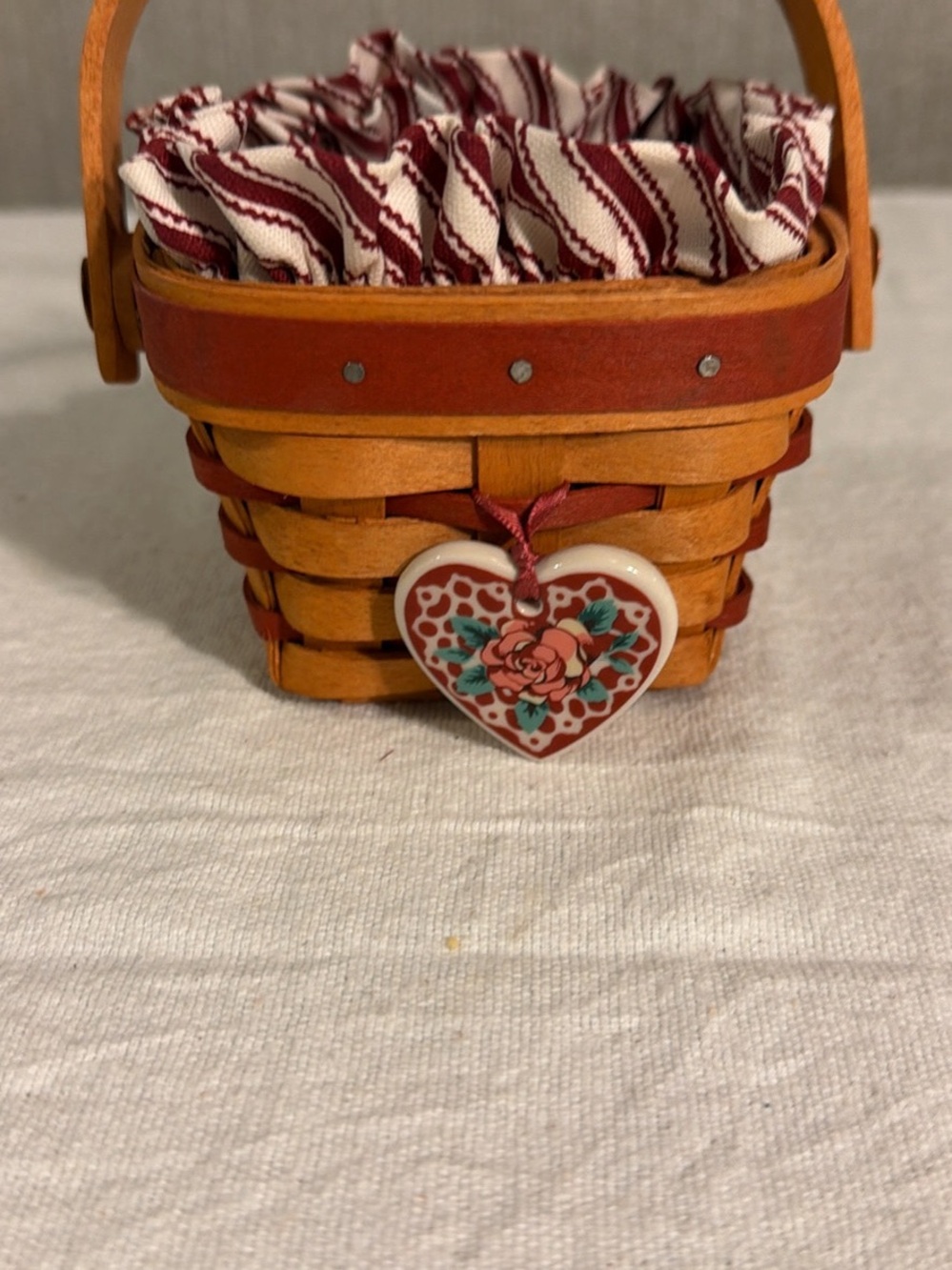 Longaberger Woven Basket with Red & Cream Liner and Heart Pendant